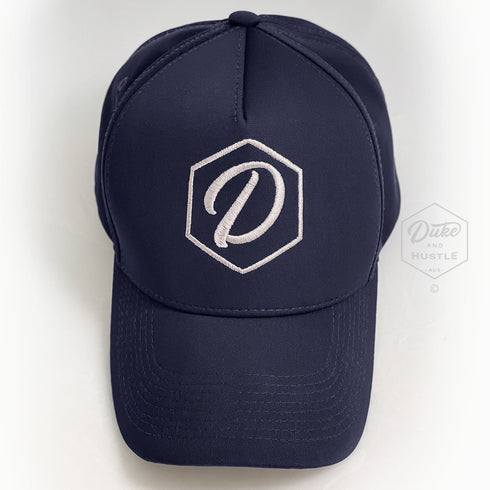 Navy 5 Panel Cap, White thread, Embroidered D Logo, Front, Above View